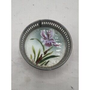 Antique Bohemian Porcelain Wine Bottle Coaster Embossed Flowers Metal Rim 3”
